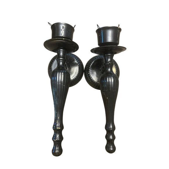 Vintage Brass Painted Black Wall-Mounted Candle Holders Set - Picture 1 of 5